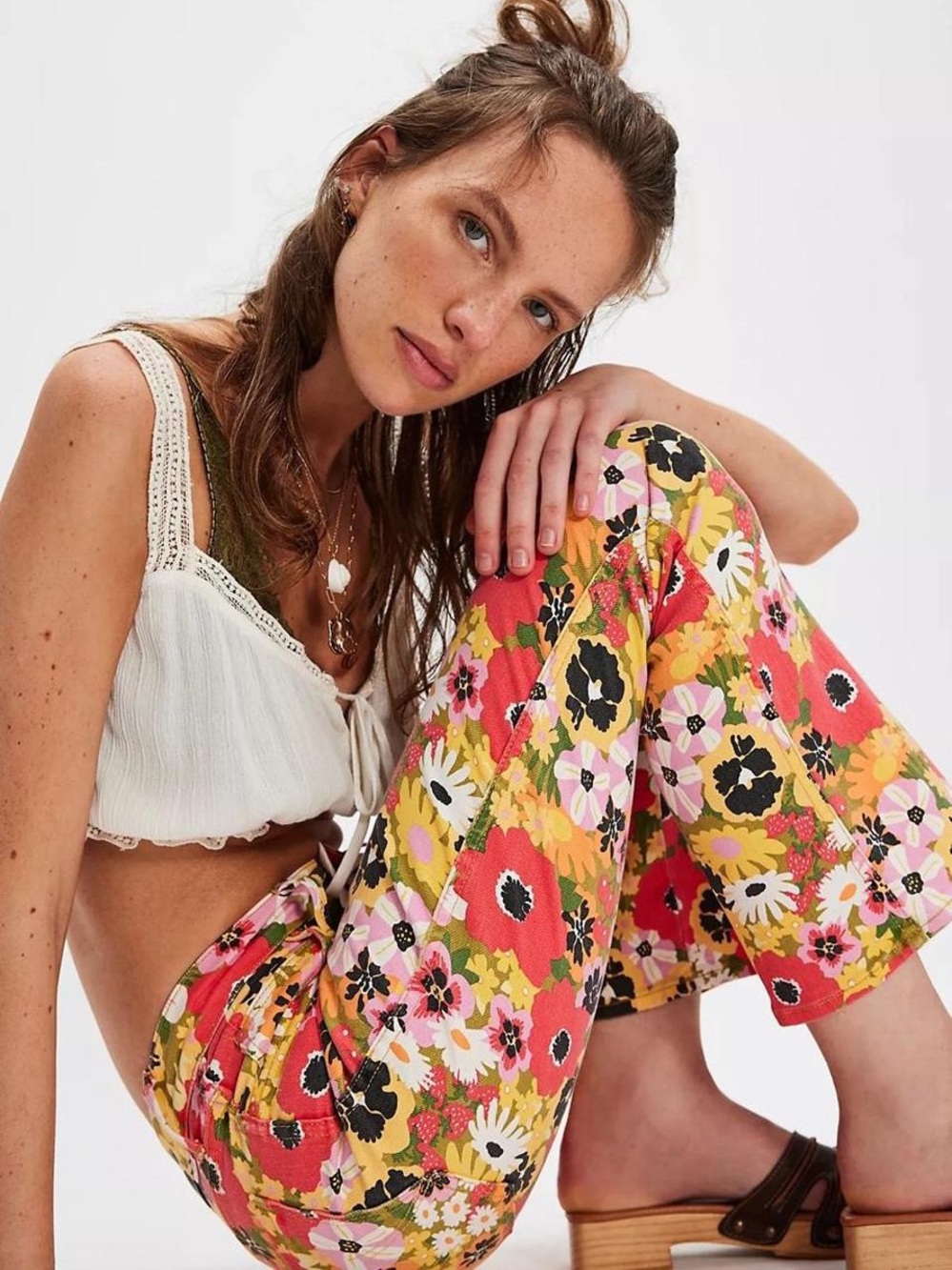 MOTHER Mid-Rise Double-Flare Floral Jeans in Coral, Yellow and Pink